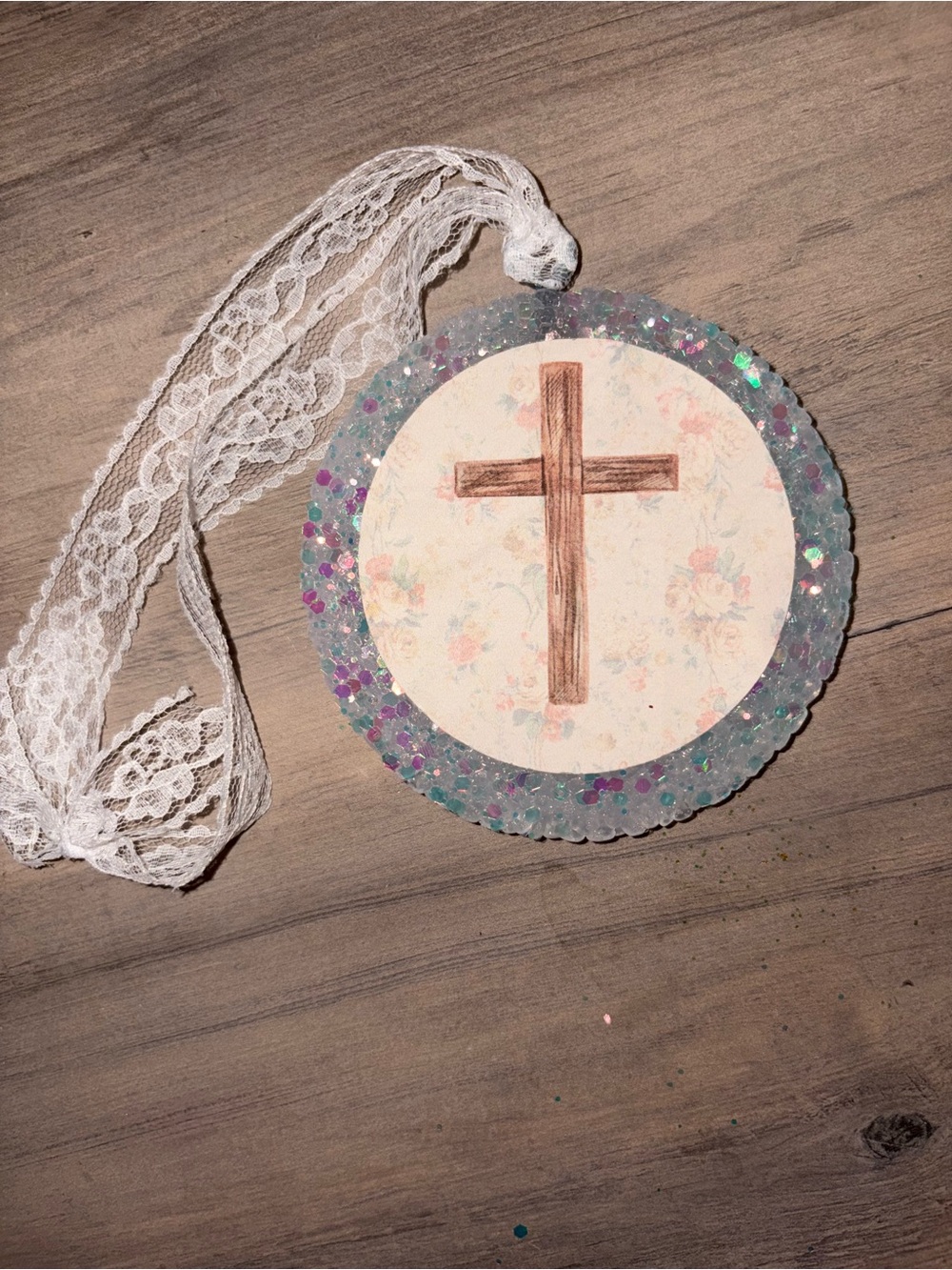 Handmade Floral Cross Hanging Ornament - Pastel Pink & Cream